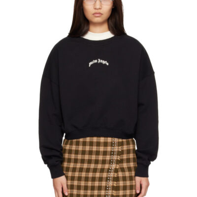 Palm Angels Black Curved Logo Loose Crop Crewneck Sweatshirt