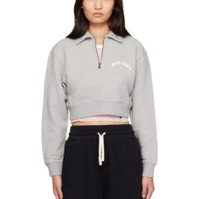 Palm Angels Gray Curved Logo Crop Crew Long Sleeve Polo