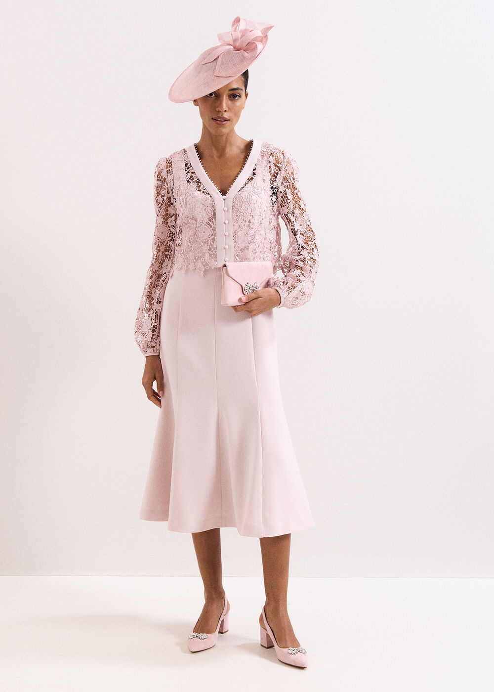 Phase Eight Ayumi Pink Lace Top Midi Dress