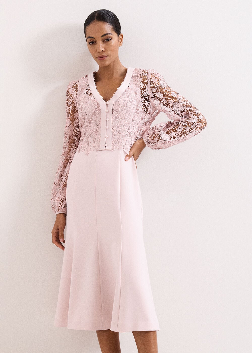 Phase Eight Ayumi Pink Lace Top Midi Dress