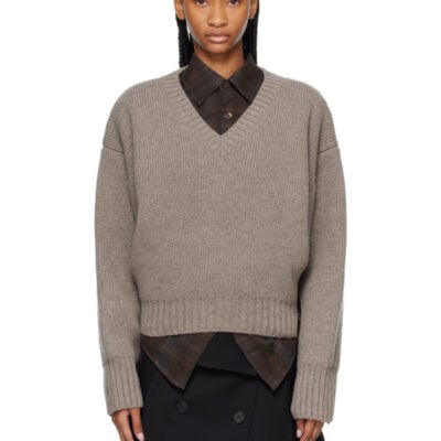 Randoacutehe Taupe Sculptural Compact V-neck Sweater