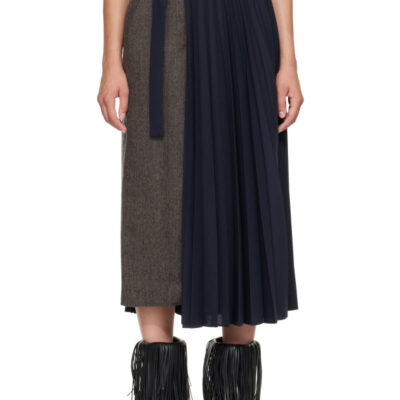 Sacai Taupe & Navy Herringbone x Suiting Midi Skirt