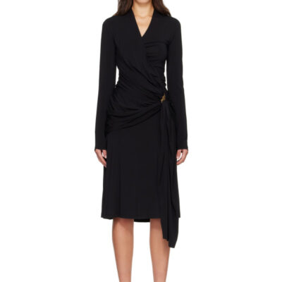 Salvatore Ferragamo Black Gathered Waist Viscose Midi Dress