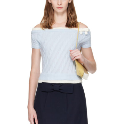 SHUSHU/TONG Blue Bow Off-Shoulder Knit Crop Top