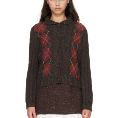 SHUSHU/TONG Brown Retro Color-Blocked Diamond Knit Cardigan