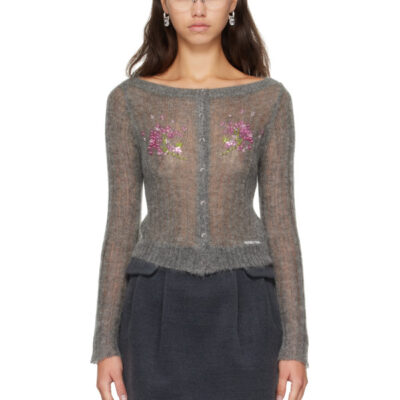 SHUSHU/TONG Gray Beaded Floral Embellished Cardigan