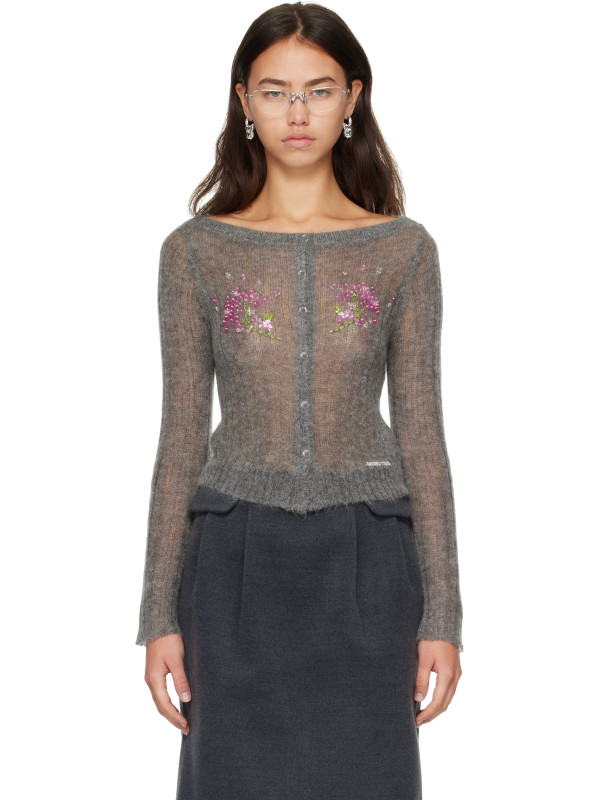 SHUSHU/TONG Gray Beaded Floral Embellished Cardigan