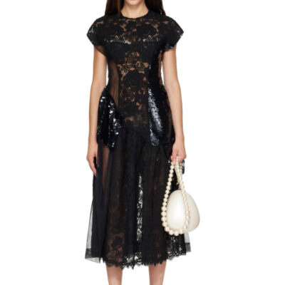 Simone Rocha Black Patchwork Cap Sleeve Ruffle Detail Midi Dress