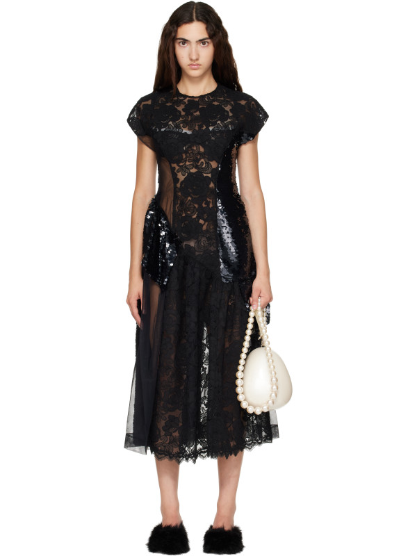 Simone Rocha Black Patchwork Cap Sleeve Ruffle Detail Midi Dress