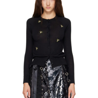 Simone Rocha Black Turbo Embellished Classic Merino Silk Cardigan