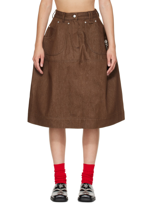 Simone Rocha Brown Embellished Utility Hip Bustle Midi Skirt