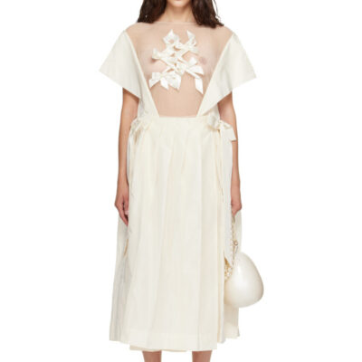 Simone Rocha Off-White Pleated Sheer Ribbon Panel Maxi Dress