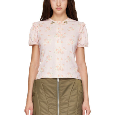 Simone Rocha Pink Embellished Pointelle Puff Sleeve Cardigan