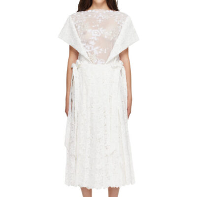 Simone Rocha White Pleated Sheer Panel Flared Maxi Dress