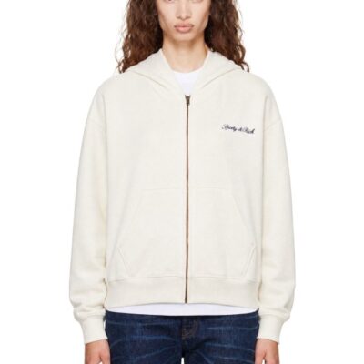 Sporty And Rich Off-White Signature Logo Embroidered Zip Hoodie