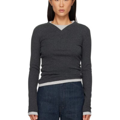 St. Agni Gray Organic Cotton V Neck Long Sleeve T-shirt
