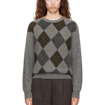 Stein Gray Fine Wool Argyle Knit Crew Neck Sweater