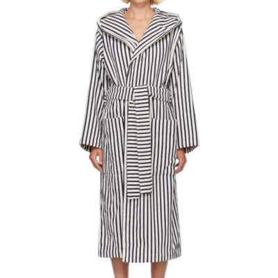 Tekla Navy & White Terry Hooded Bathrobe