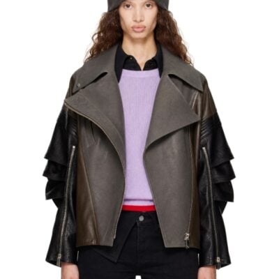 The Attico Gray & Black Kylie Leather Bomber Jacket