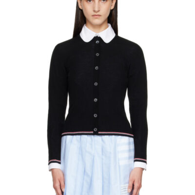 Thom Browne Black Rib Stitch Crew Neck Merino Wool Cardigan