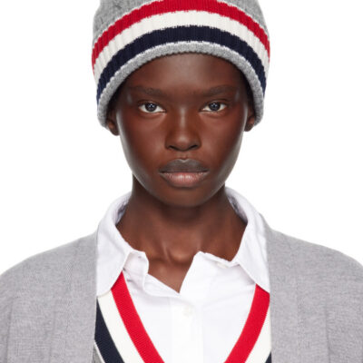 Thom Browne Gray Cable & Rib Merino Wool RWB Stripe Beanie