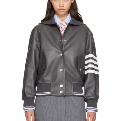 Thom Browne Gray Leather 4-Bar Oversized Blouson Jacket