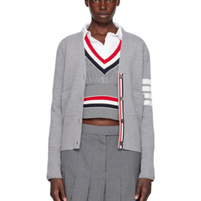 Thom Browne Gray Wool 4-Bar V-Neck Cardigan