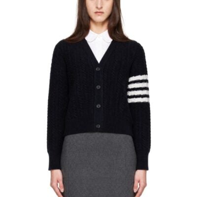 Thom Browne Navy 4-Bar Anchor Intarsia Cardigan