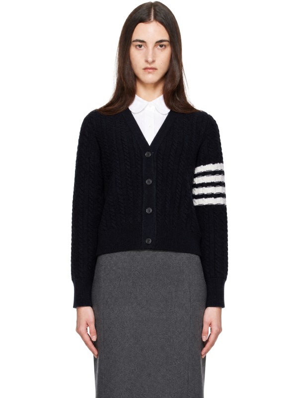 Thom Browne Navy 4-Bar Anchor Intarsia Cardigan