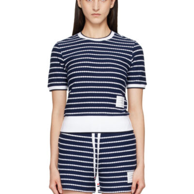 Thom Browne Navy Striped Honeycomb Rib T-shirt