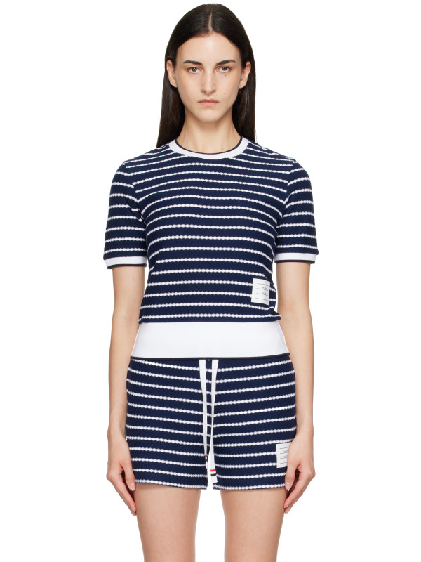 Thom Browne Navy Striped Honeycomb Rib T-shirt