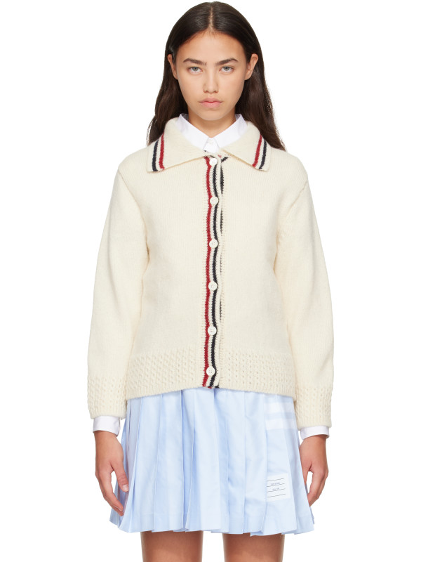 Thom Browne Off-White Donegal RWB Stripe Hector Pointelle Cardigan