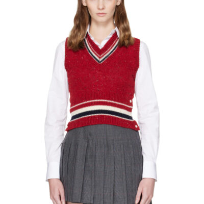 Thom Browne Red Hector Pointelle V-Neck Vest