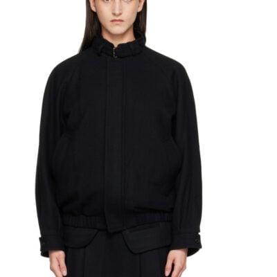 Tonywack Black Wool Flannel Belted Stand Collar Bomber jacket