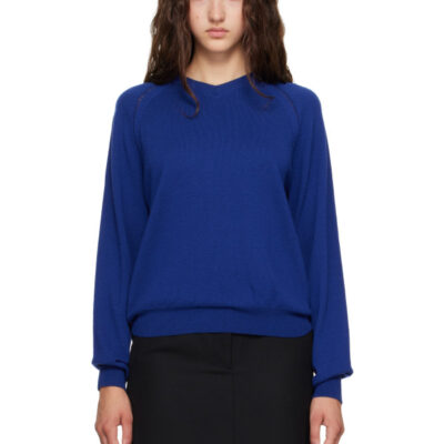 Tonywack Blue Super Fine Merino Wool Distressed V-Neck Sweater