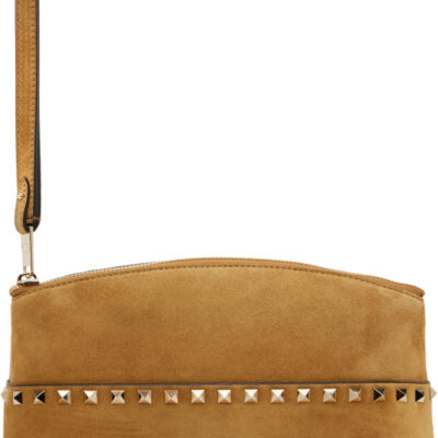 Valentino Garavani Beige Rockstud Suede Pouch