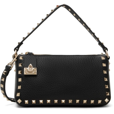 Valentino Garavani Black Grained Leather Rockstud Small Shoulder Bag