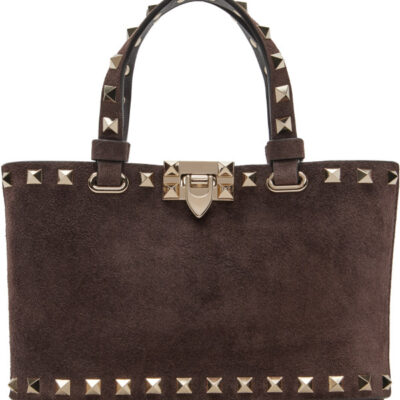 Valentino Garavani Brown Rockstud Suede Mini Shopping Tote