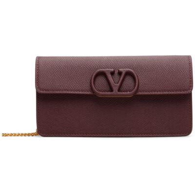 Valentino Garavani Burgundy VLogo Signature Grainy Calfskin Wallet With Chain Bag