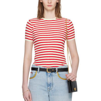 Valentino Red & White Knit Stripe Short Sleeve Sweater