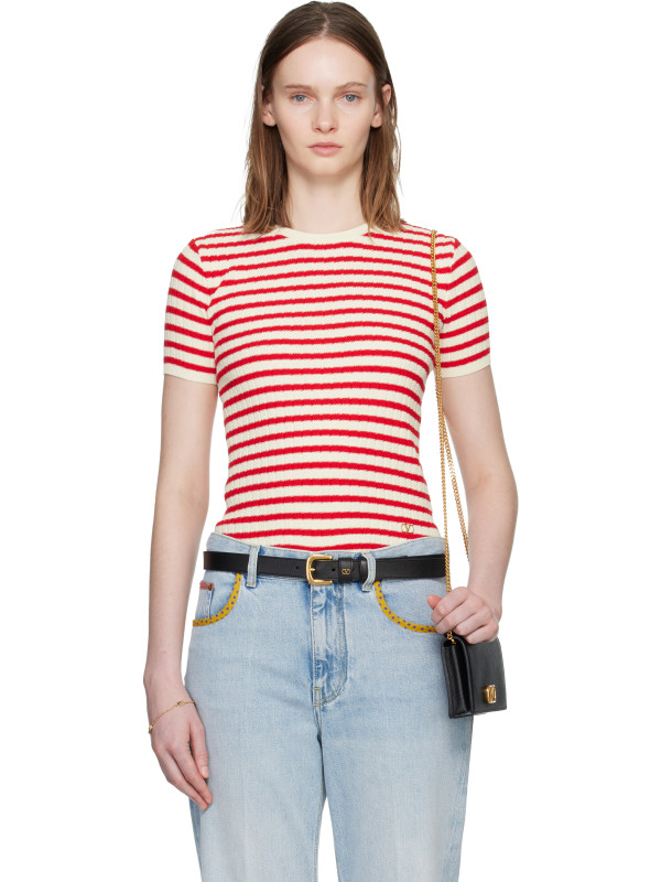 Valentino Red & White Knit Stripe Short Sleeve Sweater