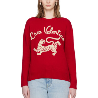 Valentino Red Wool 'Chez Valentino' & Panther Embroidery Sweater