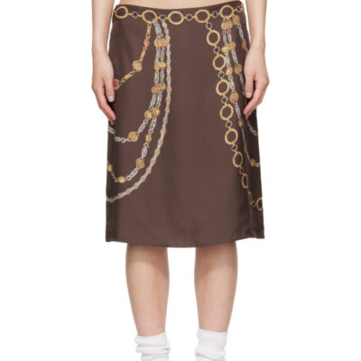 Versace Brown Printed Silk Twill Pencil Midi Skirt
