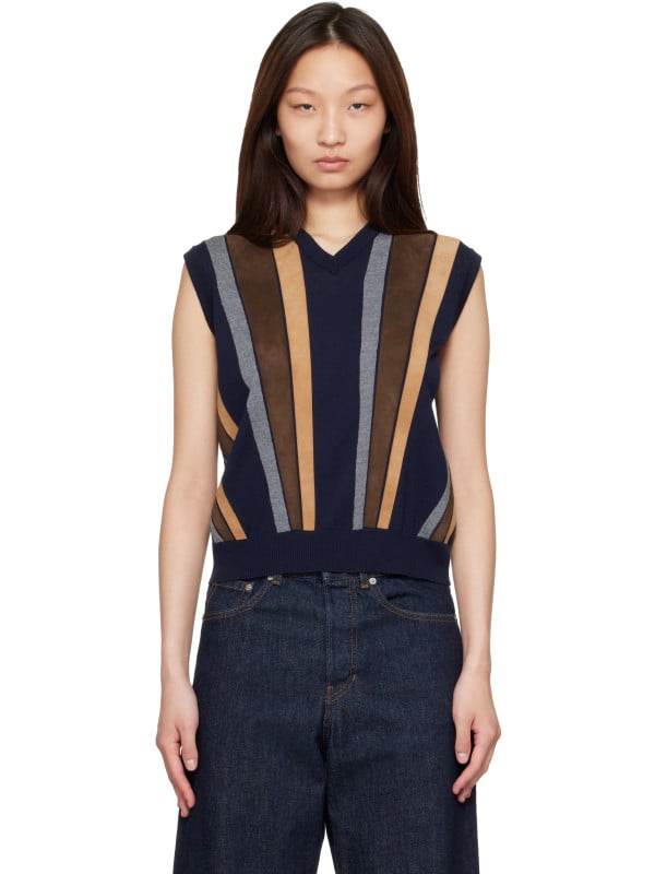 Versace Navy Intarsia-Wool & Leather Patchwork Vest