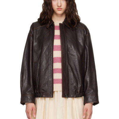 Weekend Max Mara Brown Cose Leather Bomber Jacket