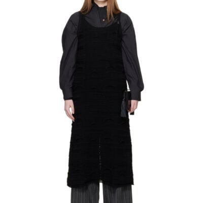 Ys Black Solid Knit Arranged Strap Midi Dress