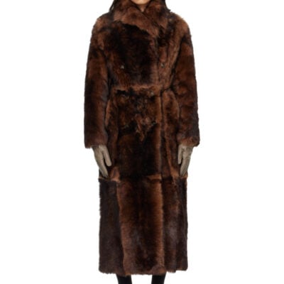 Yves Salomon Brown Long Fur-Effect Lamb Shearling Coat